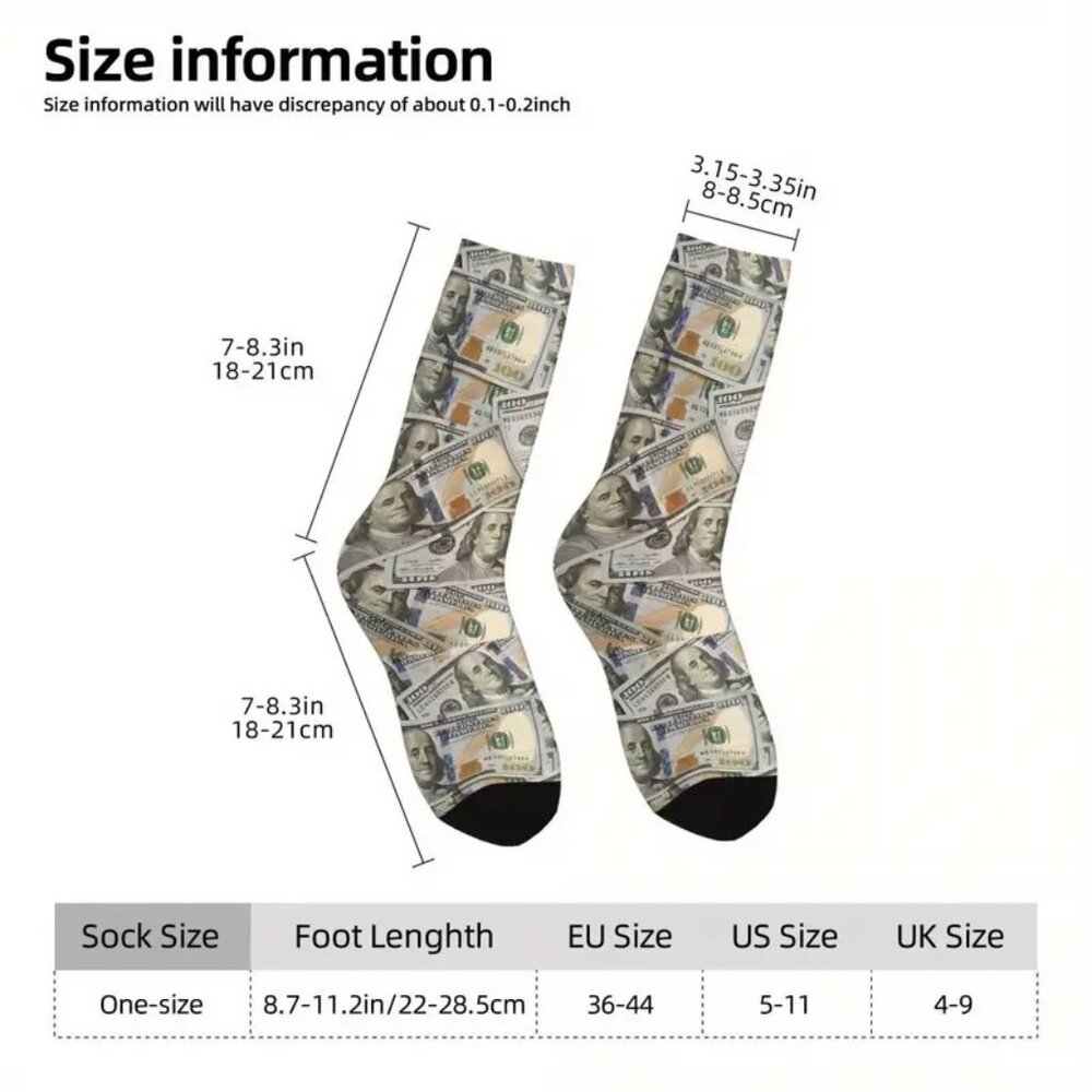 🎁Funky Money Print Mid-Calf Socks Moisture-Wicking Stretch Fit - Picture 5 of 6